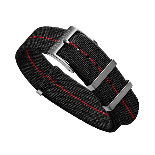 Black & Red Elasticated Military Strap With Brushed Buckle & Keepers