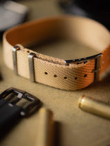 Tan Woven Single Pass Military Strap With Brushed Buckle & Keepers