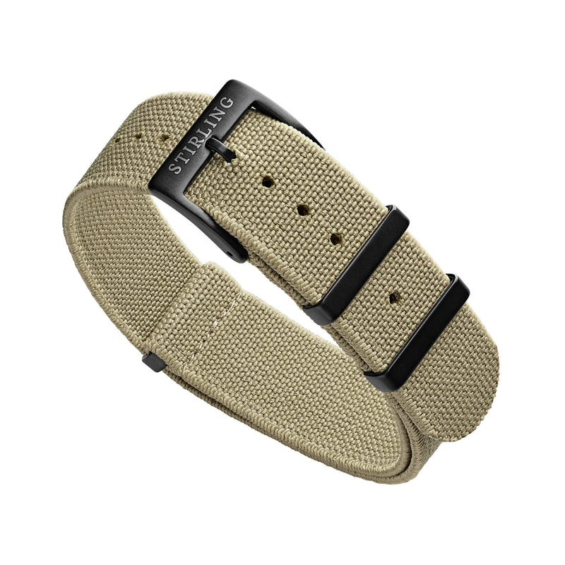 Sand Elasticated Military Strap With PVD Buckle & Keepers