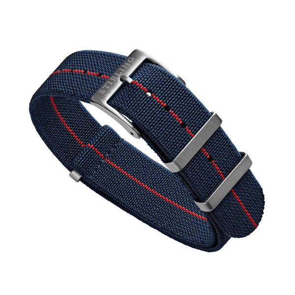 Blue & Red Elasticated Military Strap With Brushed Buckle & Keepers