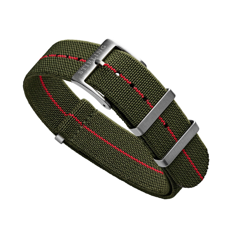 Green & Red Elasticated Military Strap With Brushed Buckle & Keepers