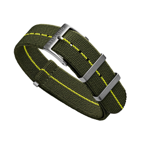 Green & Yellow Elasticated Military Strap With Brushed Buckle & Keepers