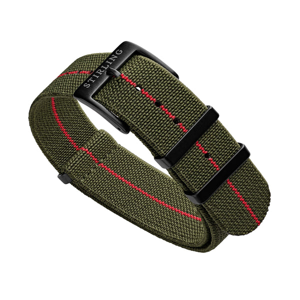 Green & Red Elasticated Military Strap With PVD Buckle & Keepers