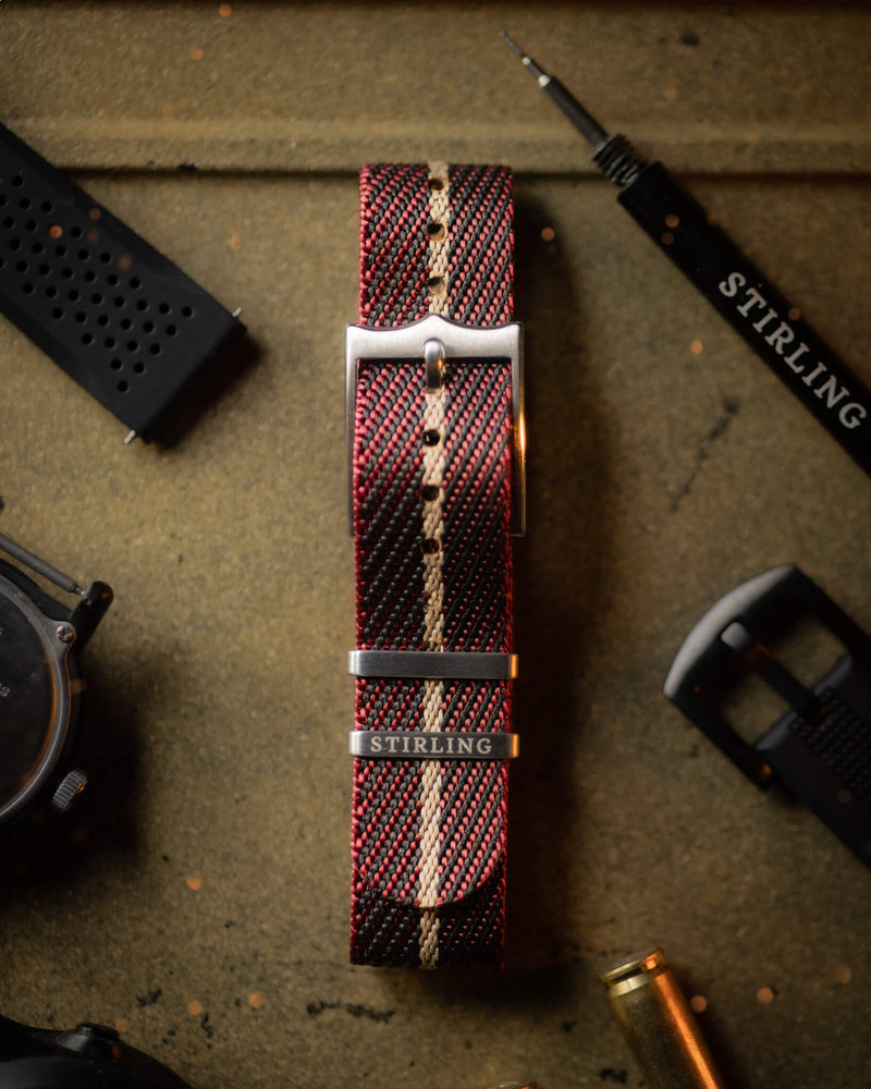 Burgundy & Tan Woven Single Pass Military Strap With Brushed Buckle & Keepers