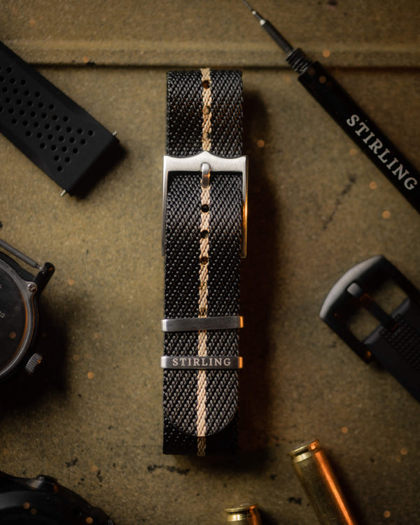 Black & Tan Woven Single Pass Military Strap With Brushed Buckle & Keepers