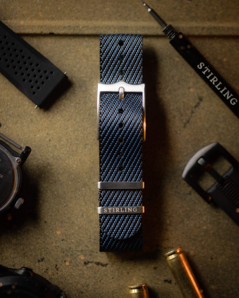 Blue Woven Single Pass Military Strap With Brushed Buckle & Keepers