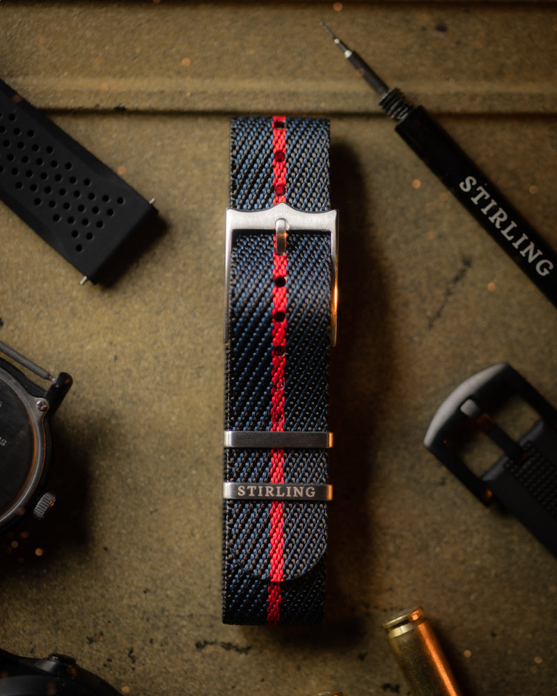 Blue & Red Woven Single Pass Military Strap With Brushed Buckle & Keepers