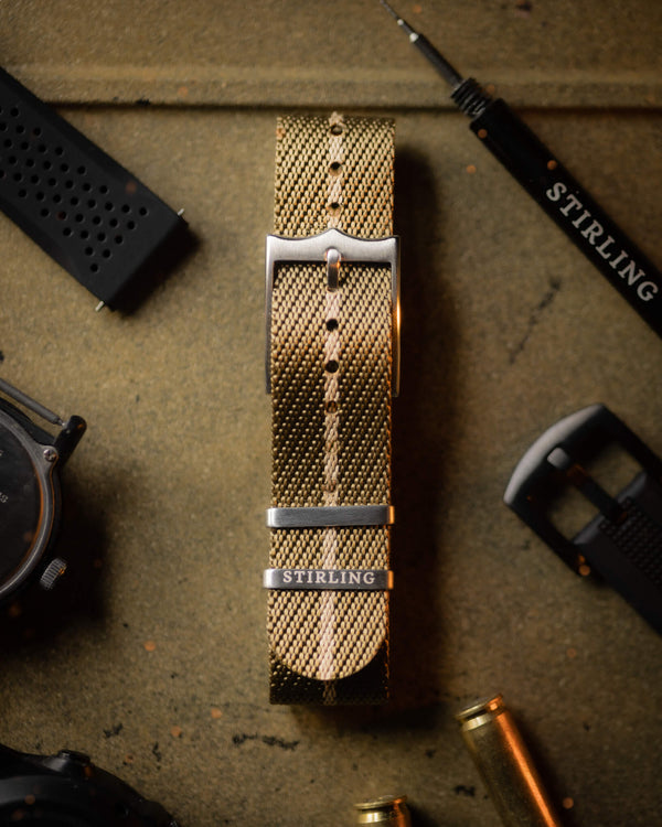 Green & Tan Woven Single Pass Military Strap With Brushed Buckle & Keepers
