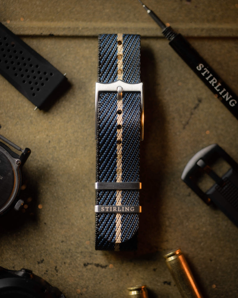 Blue & Tan Woven Single Pass Military Strap With Brushed Buckle & Keepers