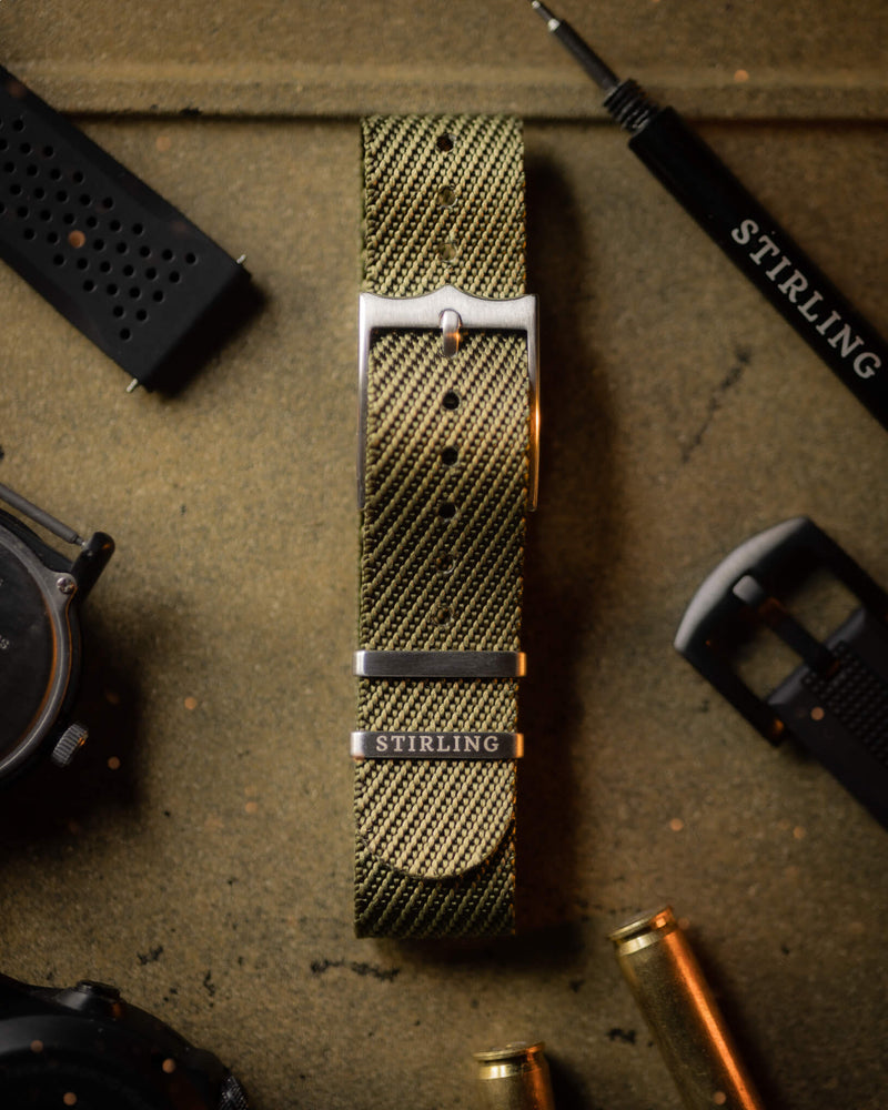 Olive Woven Single Pass Military Strap With Brushed Buckle & Keepers