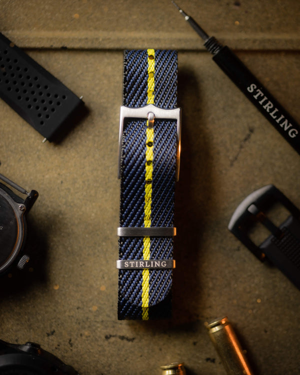 Blue & Yellow Woven Single Pass Military Strap With Brushed Buckle & Keepers