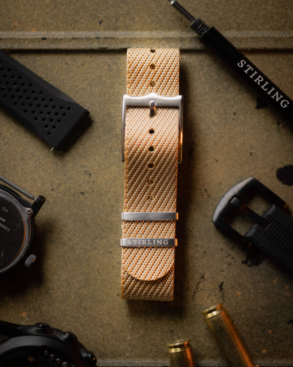 Tan Woven Single Pass Military Strap With Brushed Buckle & Keepers