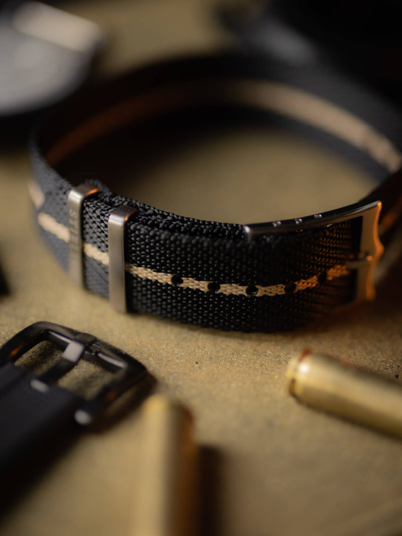 Black & Tan Woven Single Pass Military Strap With Brushed Buckle & Keepers