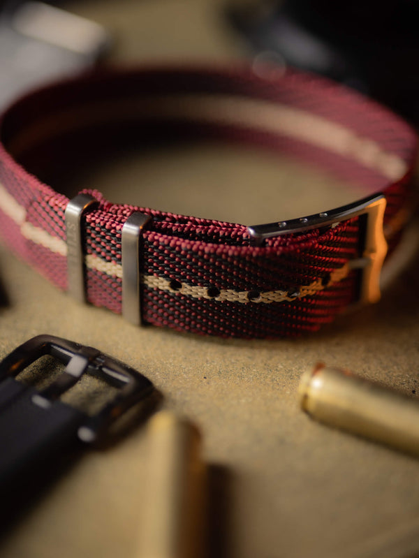 Burgundy & Tan Woven Single Pass Military Strap With Brushed Buckle & Keepers