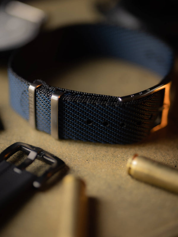 Blue Woven Single Pass Military Strap With Brushed Buckle & Keepers