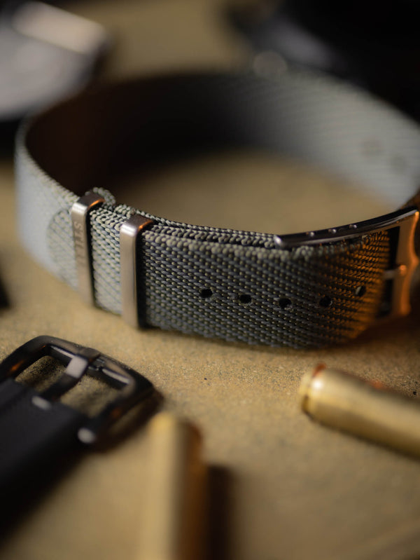 Grey Woven Single Pass Military Strap With Brushed Buckle & Keepers