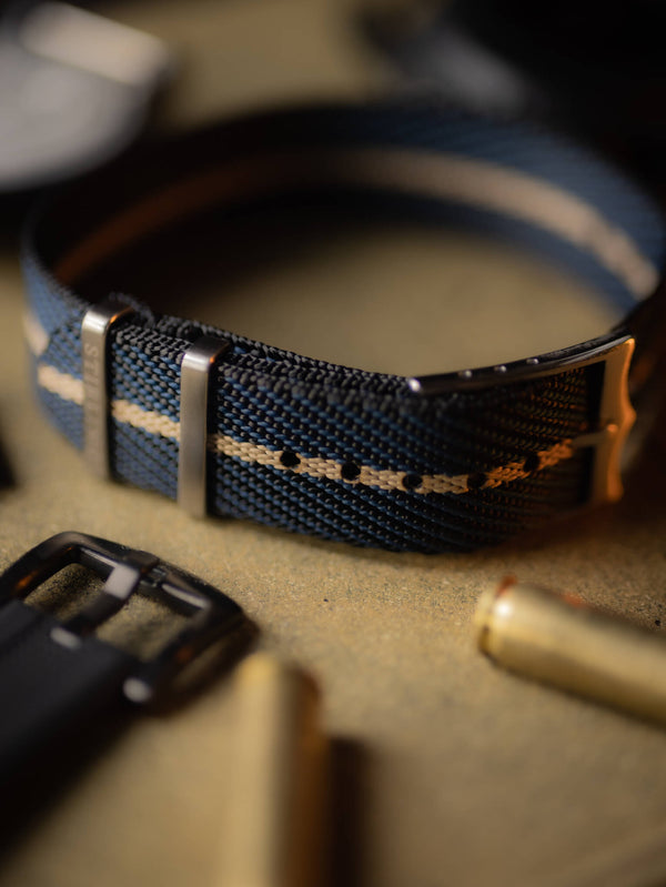 Blue & Tan Woven Single Pass Military Strap With Brushed Buckle & Keepers