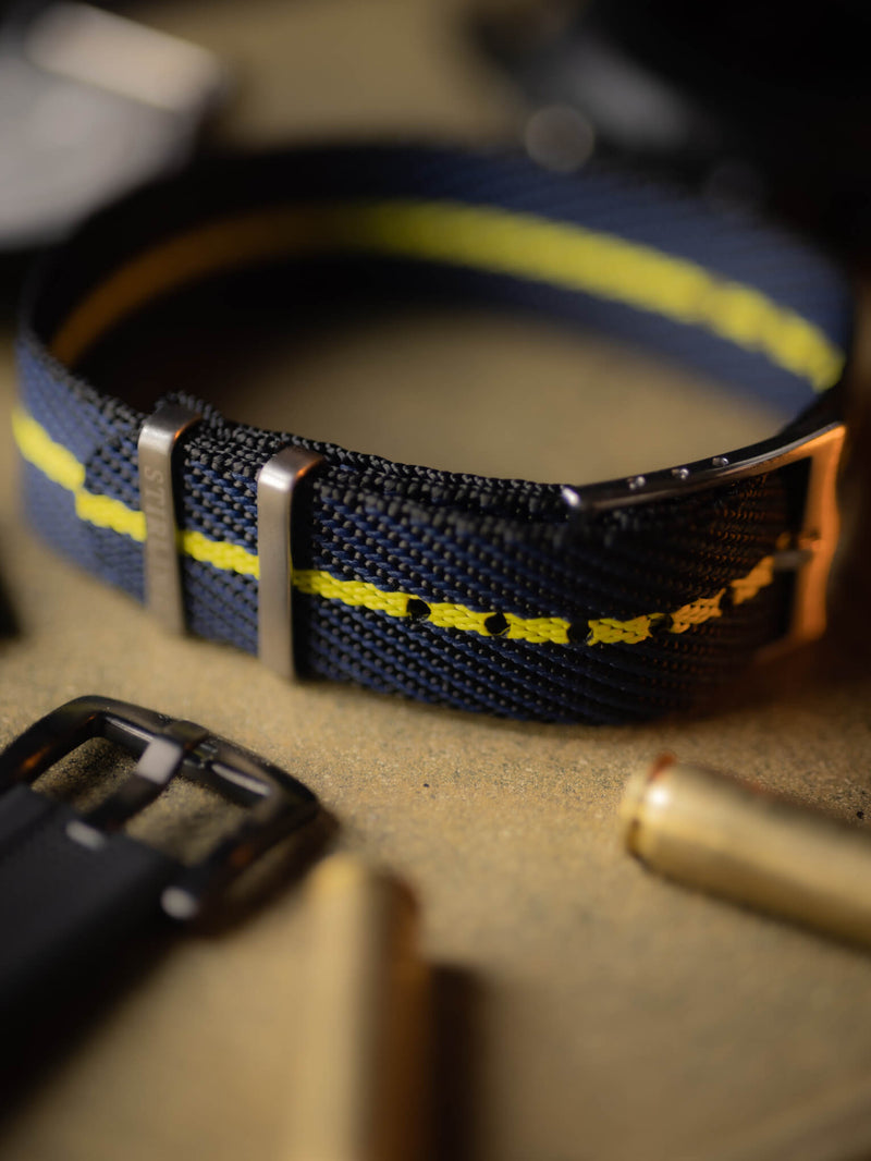 Blue & Yellow Woven Single Pass Military Strap With Brushed Buckle & Keepers